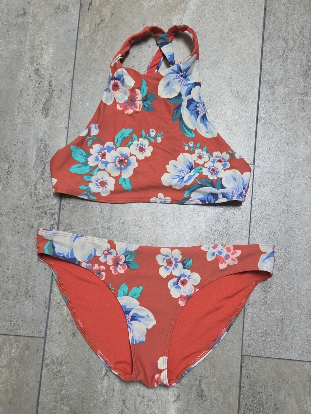 - High-Neck Floral Bikini Set - Rust Floral